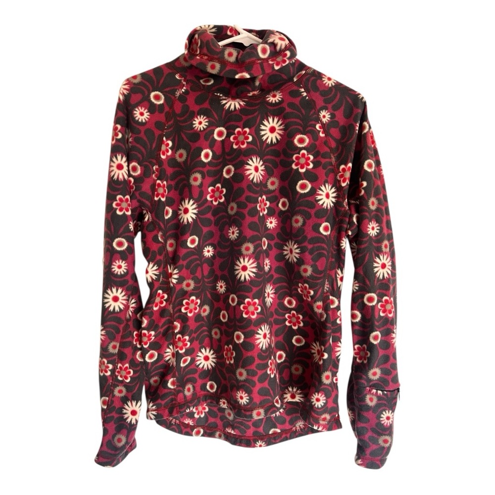 Vintage Athleta pink floral polartec fleece turtleneck sweater Size large